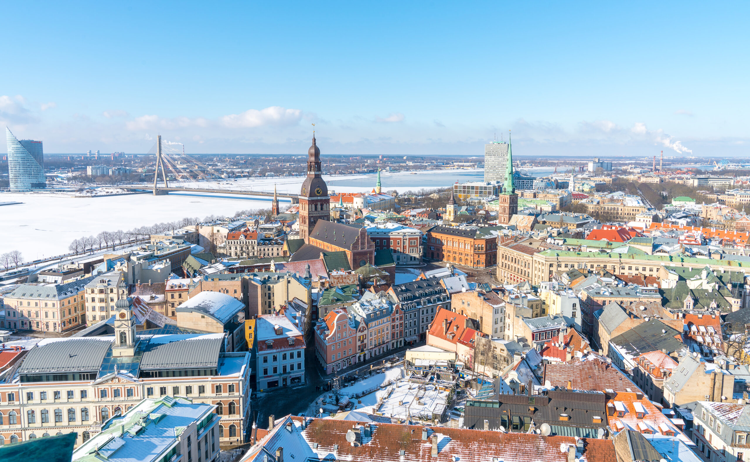 An aerial shot of the beautiful city of Riga in Latvia in winter