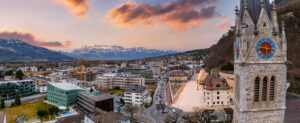 Aerial view of Cathedral of St. Florin in Vaduz - Liechtenstein, soft focus