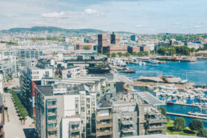 aerial view of beautiful oslo cityscape and harbour, oslo, norway