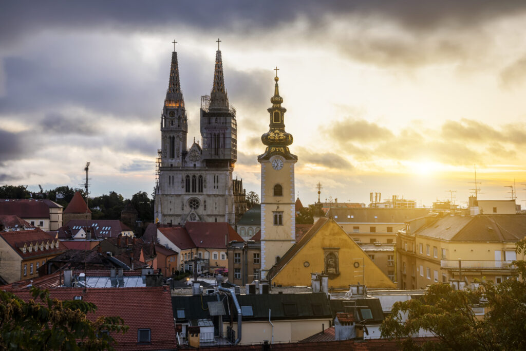 Aerial view of the Cathedral in Zagreb at sunrise. Croatia