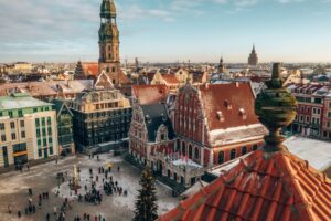 The aerial view of the old buildings in Riga, Latvia in winter