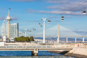 Cable car in Expo district, Lisbon, Portugal. Horizontal shot
