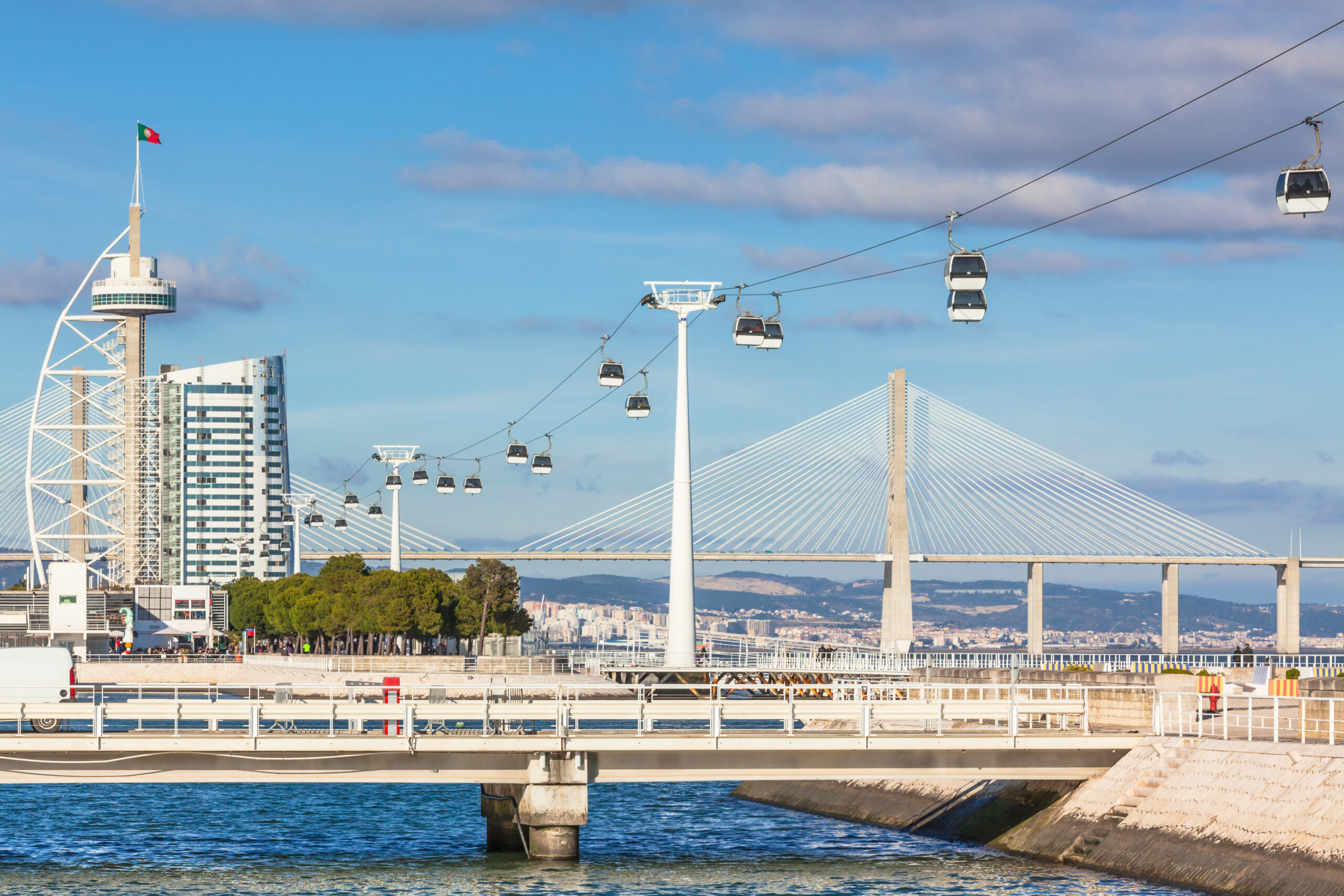 Cable car in Expo district, Lisbon, Portugal. Horizontal shot