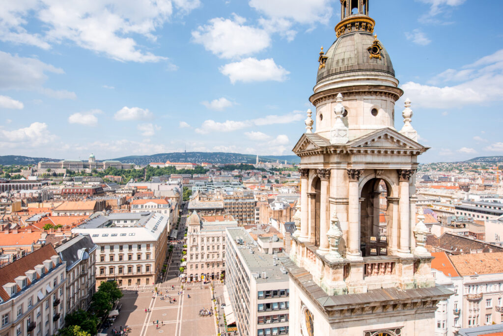 Aerial cityscape view from saint Stephen church on the old town with bell tower in Budapest city, Hungary
