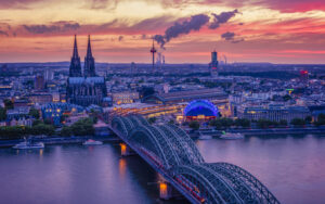 Cologne Koln Germany during sunset, Cologne bridge with the cathedral. beautiful sunset at the Rhine river