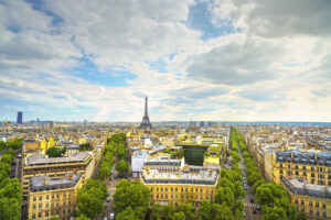 Eiffel Tower landmark, view from Arc de Triomphe. Paris cityscape. France, Europe.