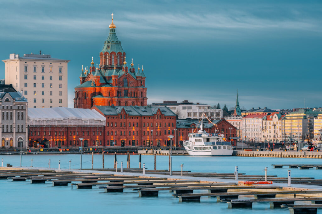 Helsinki, Finland. Kanavaranta Street With Uspenski Cathedral In Winter Morning.