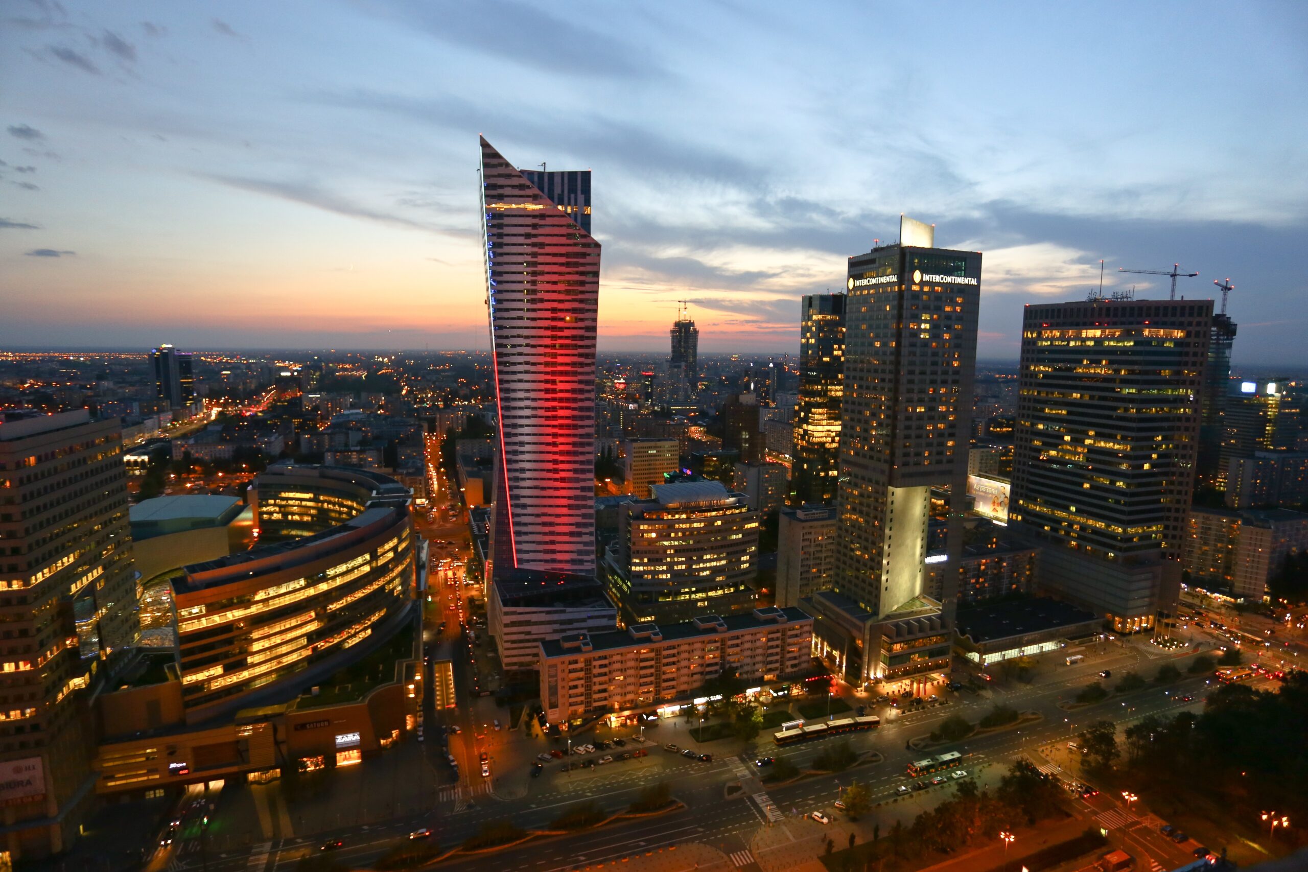 A high angle shot of Warsaw in Poland during the sunset