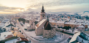 Panorama of the central part of Podolinec town in winter, Slovakia