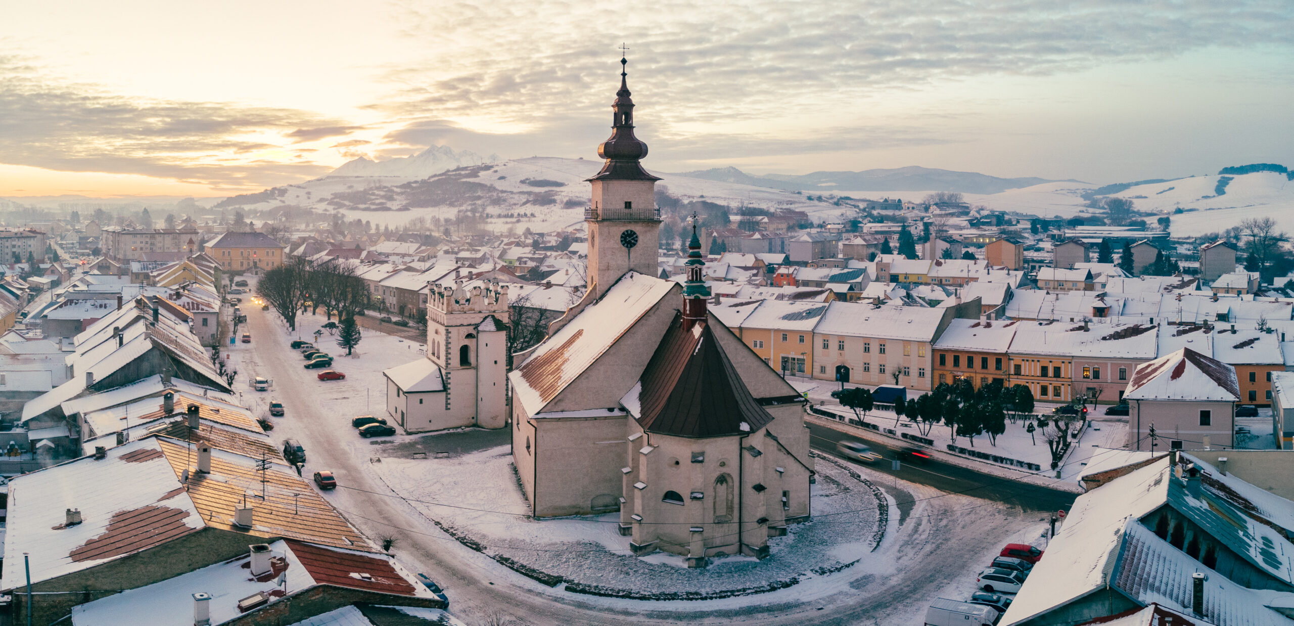 Panorama of the central part of Podolinec town in winter, Slovakia