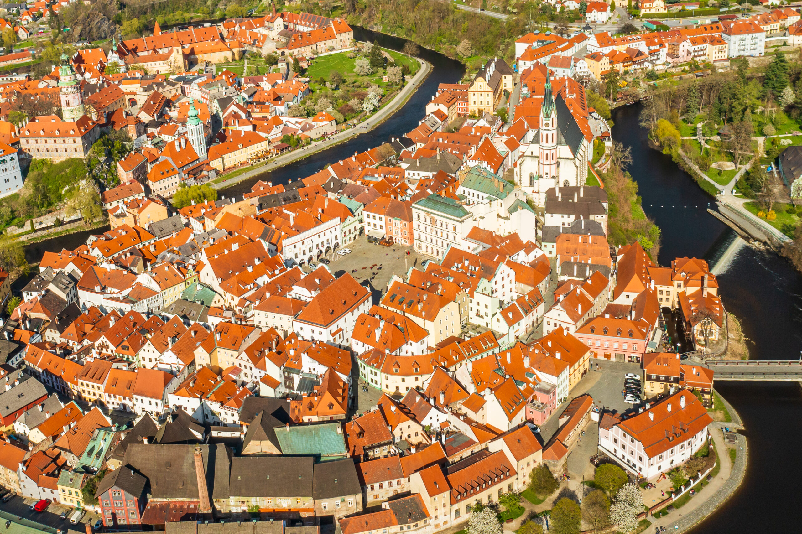 Panoramic view from above of amazing touristic old town Cesky Krumlov and river Vltava, Czech Republic.