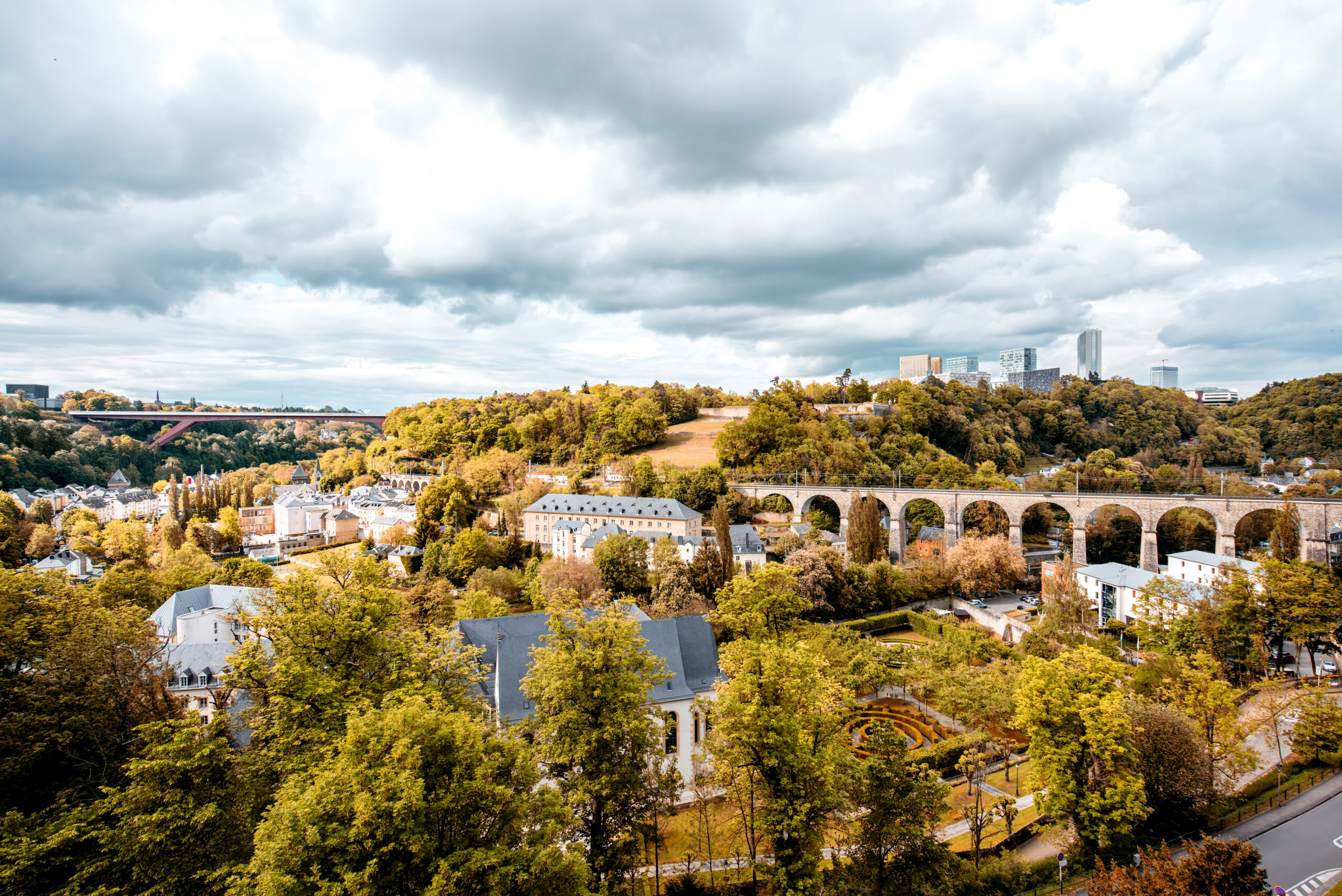 Landscape view on the old railway bridge and modern business district in Luxembourg city