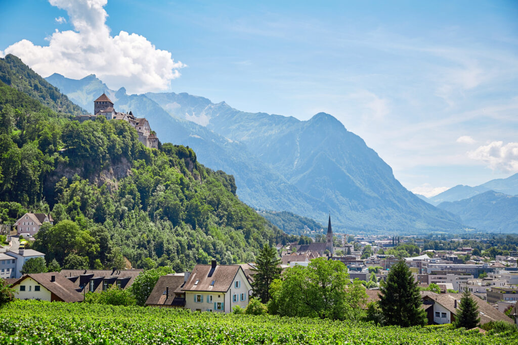 Vaduz town, panoramic view of the capital of Liechtenstein with the Castle Vaduz, Alps mountains, Europe