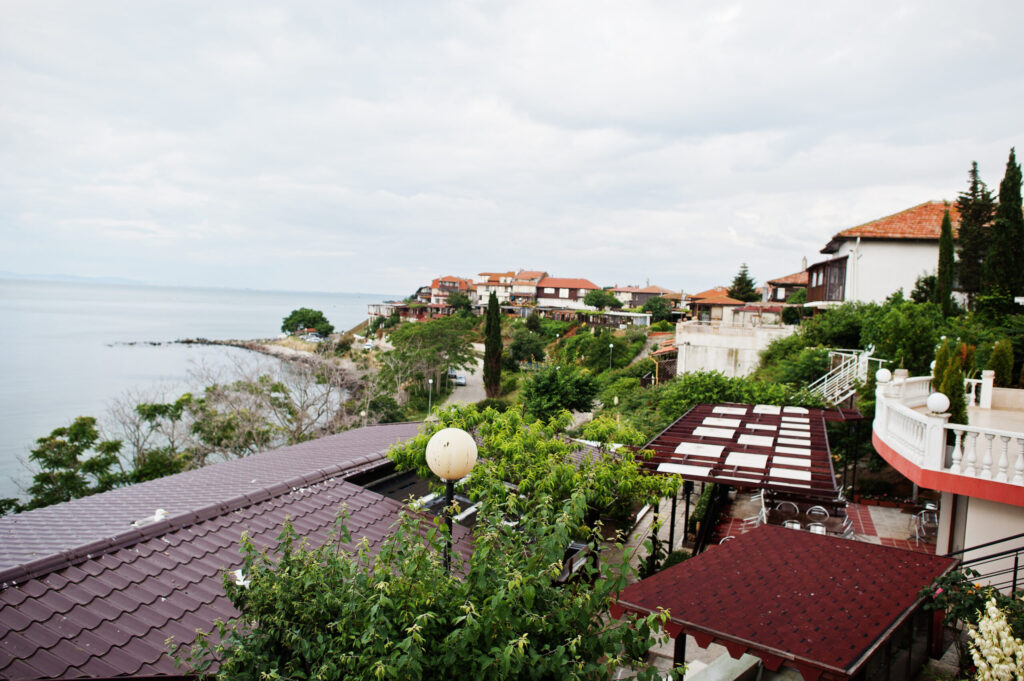 View of restaurants in the old town of Nesebar, Bulgaria – charming seaside dining with historic architecture