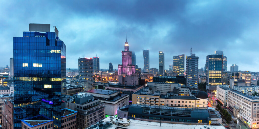 Warsaw, Poland panorama of city center at night