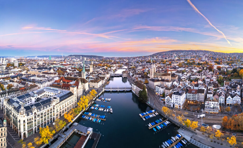 Zurich, Switzerland old town skyline over the Limmat River on an autumn morning.