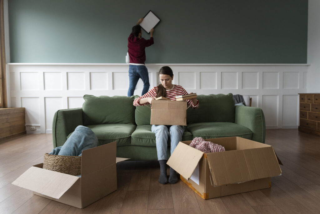 Young couple moving into new home – carrying boxes and smiling during a house relocation