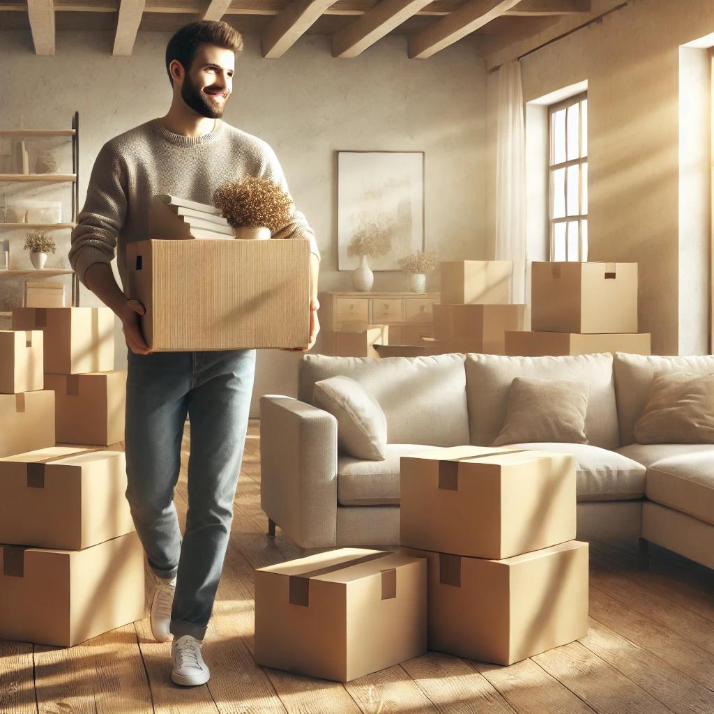 Guy carrying boxes during removal – professional mover transporting belongings during a relocation