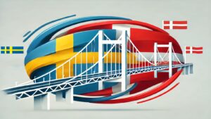 Bridge with mixed flags of Norway and Sweden – symbolizing connection between the two Scandinavian countries