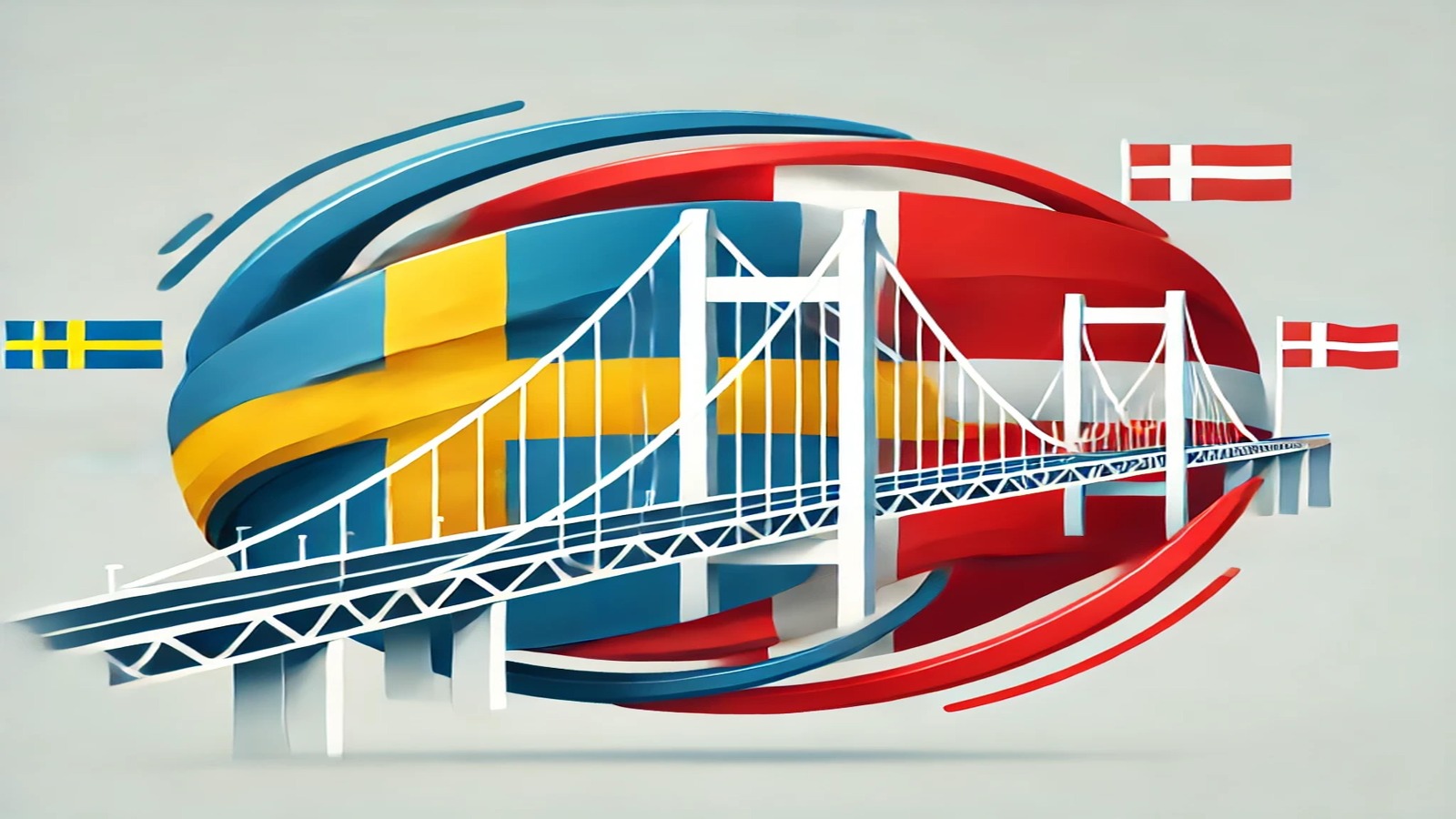 Bridge with mixed flags of Norway and Sweden – symbolizing connection between the two Scandinavian countries