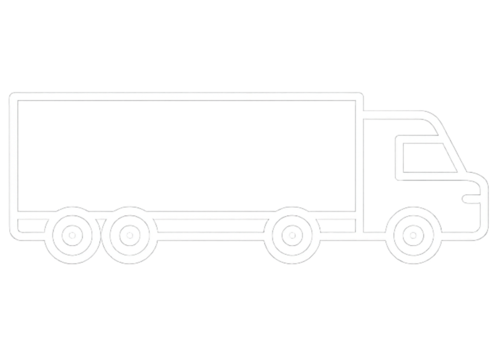 Outline icon of a delivery truck with multiple wheels on a transparent background, representing removals and transport services.