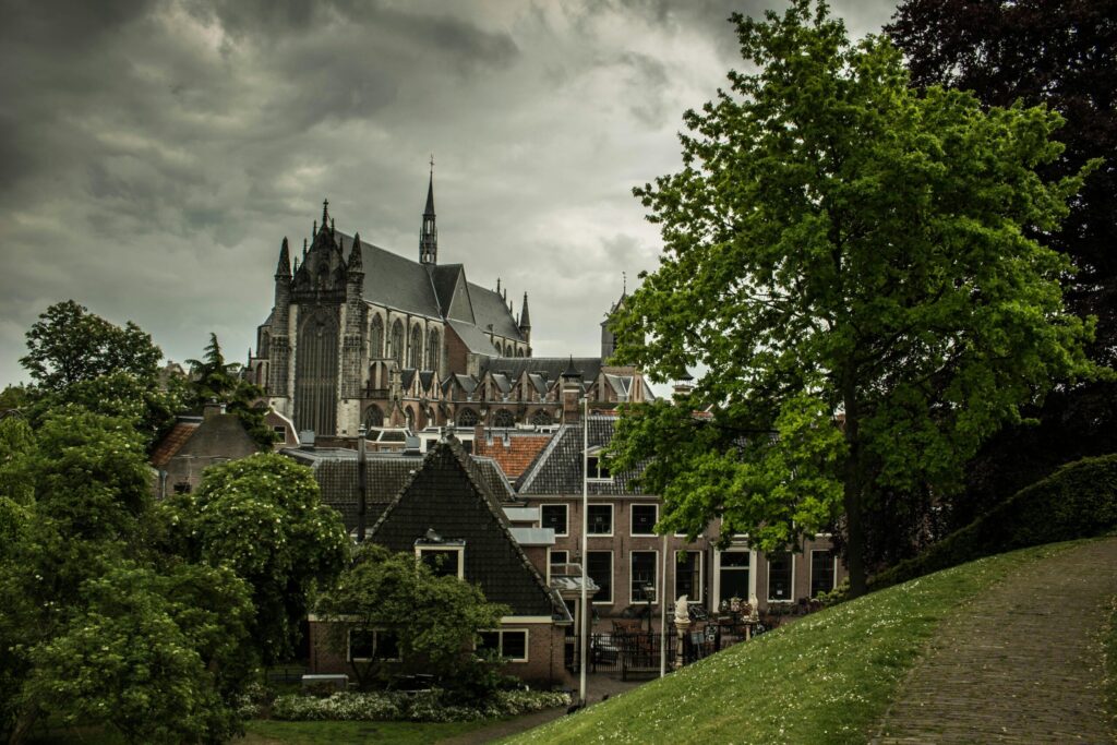 A historic Gothic church rising above traditional Dutch brick houses, framed by lush green trees under a cloudy sky in a quaint Netherlands town.