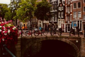 A stone canal bridge in a Dutch city, lined with bicycles locked to its railing. Tall, narrow brick buildings with gabled façades and shopfronts rise behind the bridge. A large planter overflowing with pink and white flowers sits at the bridge’s edge, and trees with green leaves frame the scene. The water below reflects the bridge’s arch, and a few pedestrians walk past in the background.