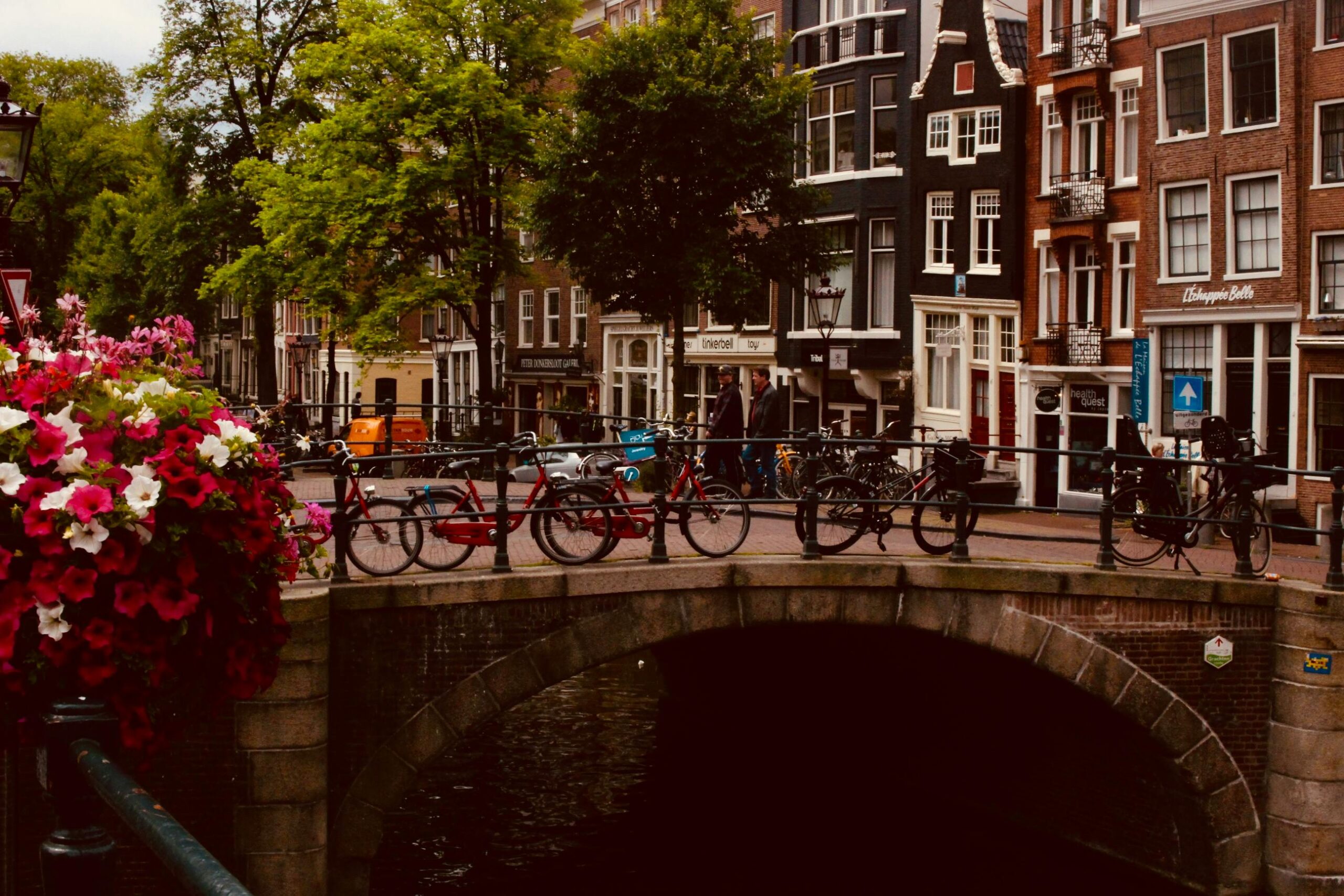 A stone canal bridge in a Dutch city, lined with bicycles locked to its railing. Tall, narrow brick buildings with gabled façades and shopfronts rise behind the bridge. A large planter overflowing with pink and white flowers sits at the bridge’s edge, and trees with green leaves frame the scene. The water below reflects the bridge’s arch, and a few pedestrians walk past in the background.