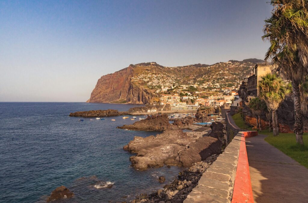 Coastal walkway with palm trees overlooking a rocky shoreline and hillside town by the sea