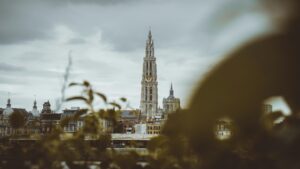 Skyline of Antwerp with the Cathedral of Our Lady seen across the river, framed by soft foreground leaves, ideal hero image for VANonsite international removals to Antwerp