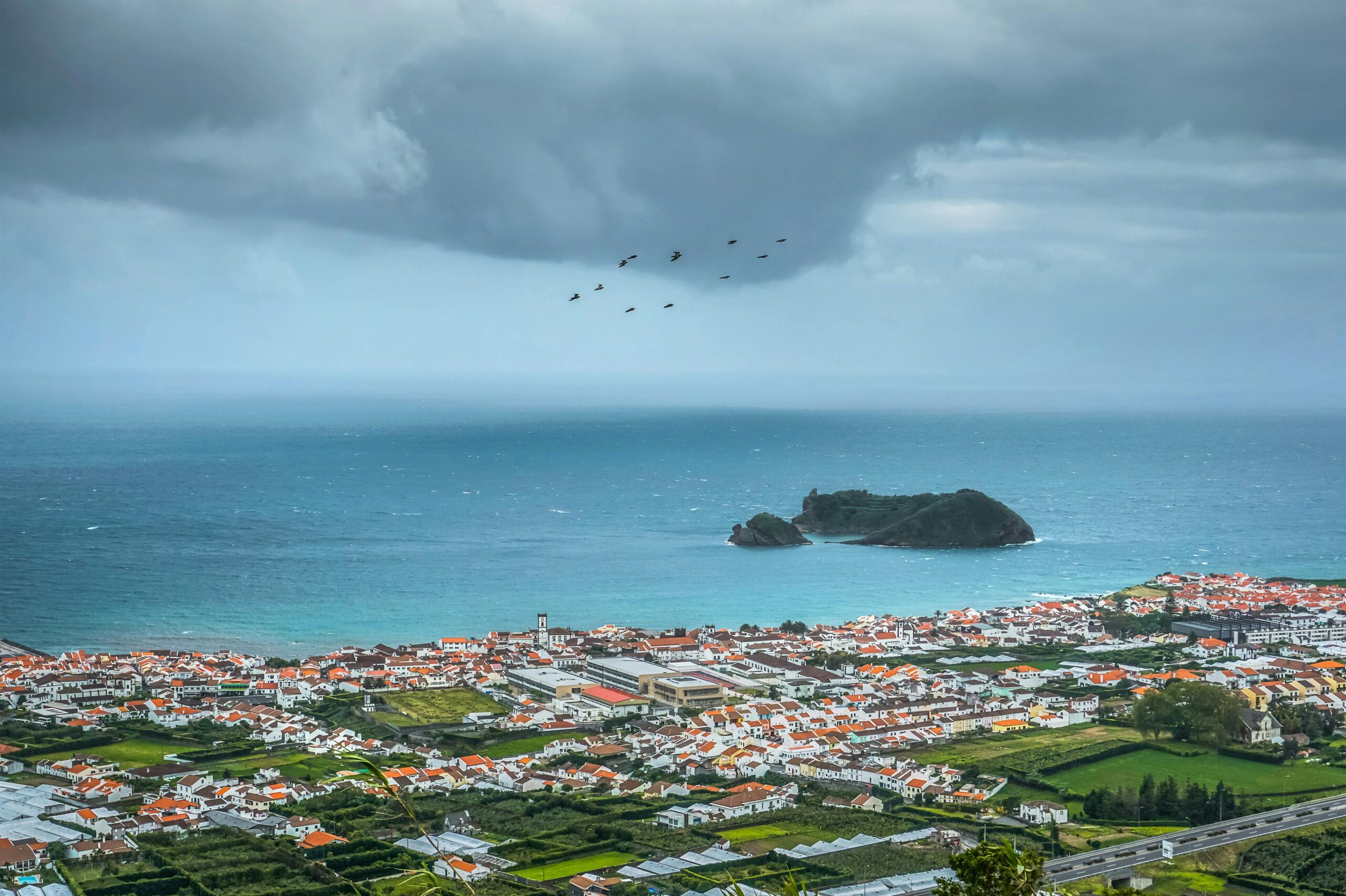 Coastal town with red rooftops beside the ocean and a small offshore island under dramatic storm clouds