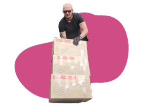 Removals worker carrying stacked moving boxes, cutout graphic on transparent background