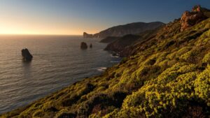 Golden Italian coastline with rocky cliffs and sea stacks at sunset, evoking life by the sea after moving to Italy with VANonsite European removals