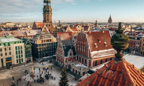 The aerial view of the old buildings in Riga, Latvia in winter