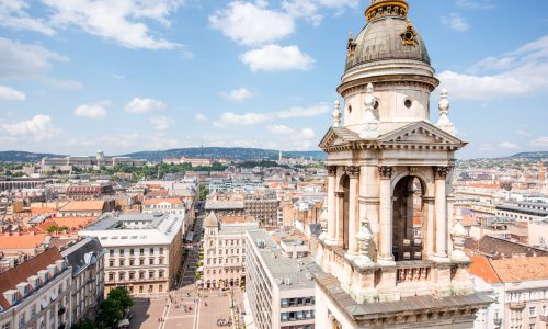 Aerial cityscape view from saint Stephen church on the old town with bell tower in Budapest city, Hungary