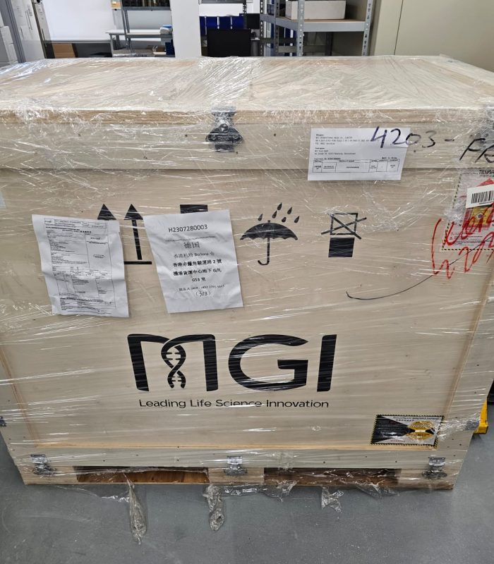 Large wooden shipping crate wrapped in plastic on a warehouse floor, representing domestic transport and long term storage.